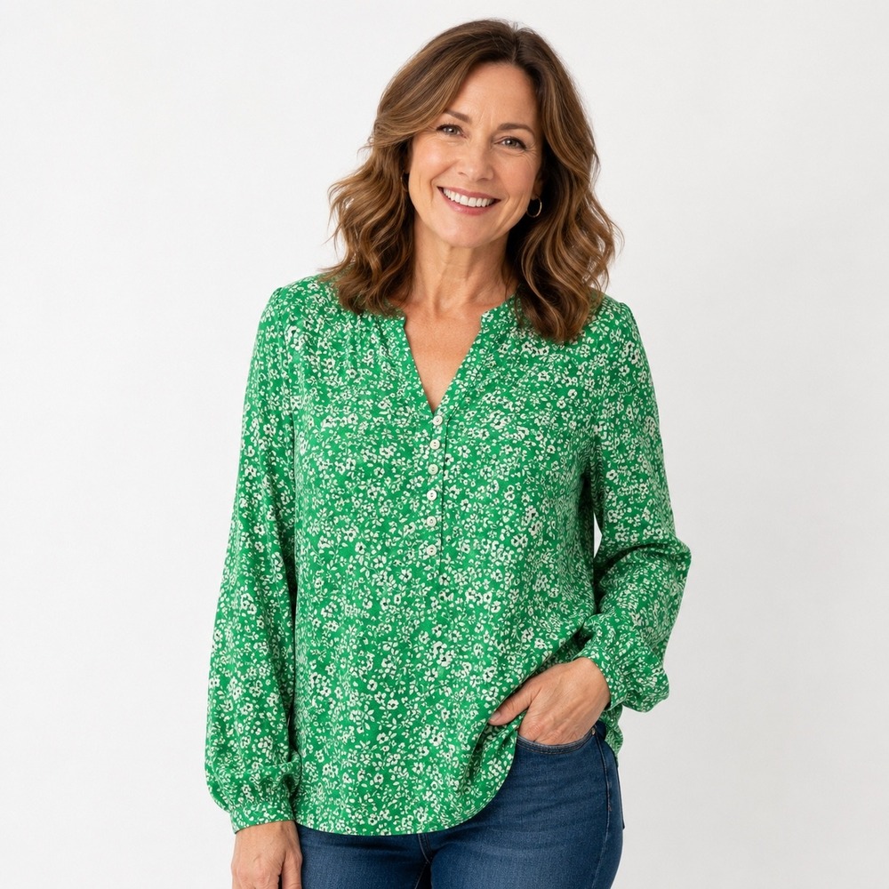 Green Floral V-Neck Long-Sleeve Women's Top